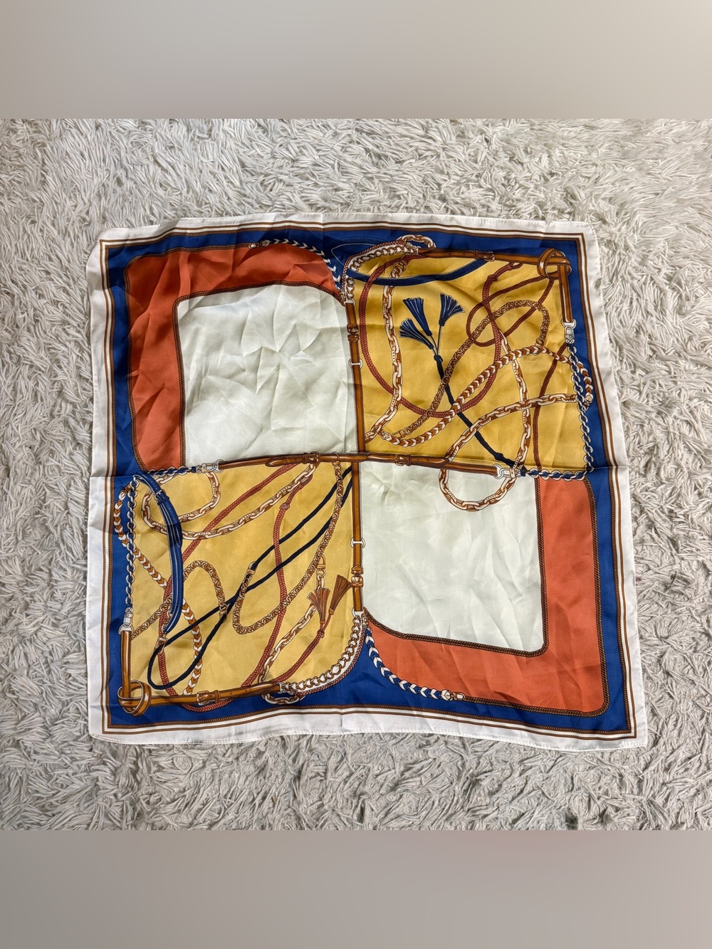 Orange/Blue Equestrian Horseback Riding Pattern Silk Scarf. Good Condition.